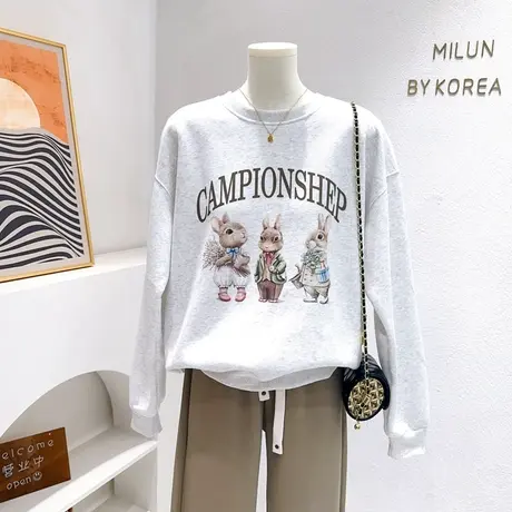 韩代同款兔子卫衣2023秋季款ins复古美式慵懒风长袖上衣微胖遮肉图片