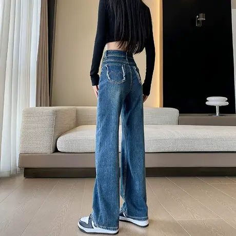 复古窄版阔腿牛仔裤女2023秋季新款高腰直筒梨型身材百搭拖地裤子商品大图