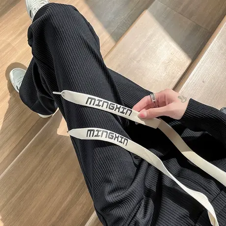 黑色阔腿运动裤女2023年春秋新款高腰直筒宽松显瘦百搭休闲拖地裤商品大图