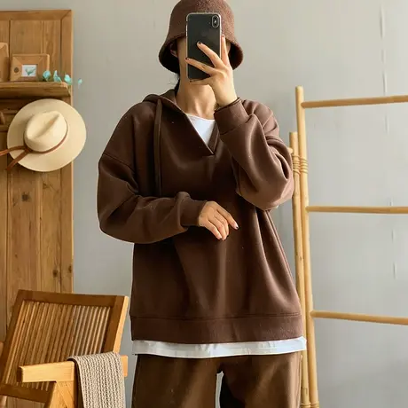 dza 复古宽松假两件连帽加绒卫衣外套女冬加厚内搭休闲纯色短上衣图片