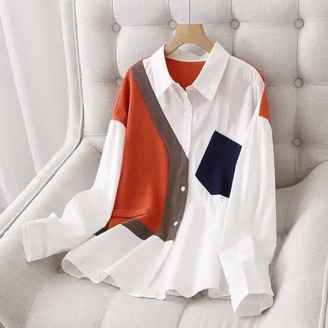 2024春季新款韩版拼色白衬衫女设计感小众宽松休闲衬衣春秋上衣女商品大图