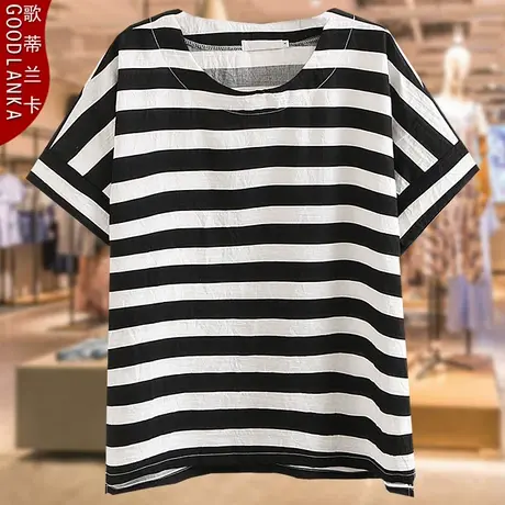 中老年妈妈夏季薄款上衣宽松条纹小衫加肥加大码女装棉麻短袖T恤商品大图