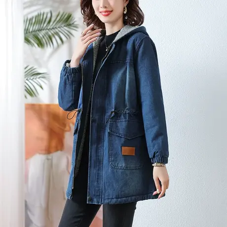 秋冬季新款加绒牛仔外套女宽松加大码中年妈妈中长款加厚连帽棉服图片