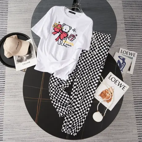 纯棉港风运动服套装跑步女夏季薄款宽松短袖长裤小个子休闲两件套图片