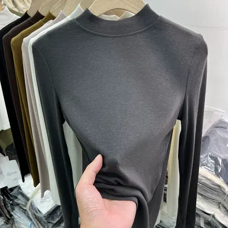欧货半高圆领长袖T恤女2023秋冬新款洋气修身纯色内搭打底衫上衣图片