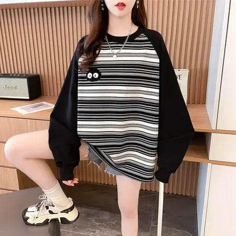 条纹长袖t恤女秋冬季韩版宽松加绒加厚中长款内搭德绒上衣打底衫商品大图