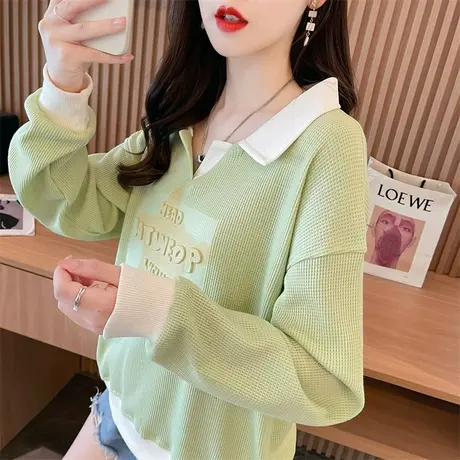 撞色polo领卫衣女春秋韩版宽松薄款早秋小个子百搭假两件上衣外套商品大图