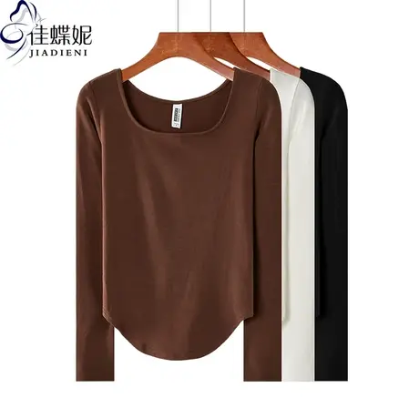 秋冬季韩U领纯棉磨毛纯色短款纯欲燕尾摆网红长袖体恤上衣打底衫商品大图