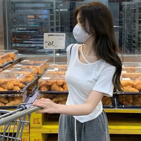 辣妹短袖正肩T恤女设计感小众夏季别致不规则修身短款上衣服ins潮商品大图