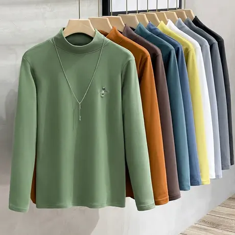 日本280G重磅双面绒长袖t恤男春秋季韩版中领卫衣半高领打底衫潮商品大图