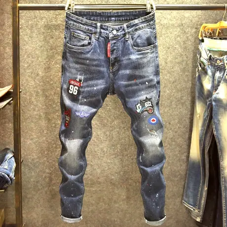 时尚刺绣泼墨牛仔裤男潮牌修身弹力小脚裤春秋款潮流破洞补丁裤子商品大图