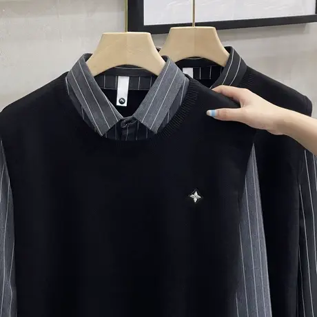 假两件针织衫男秋冬季新款潮流男装上衣服商务修身男士衬衫领毛衣商品大图
