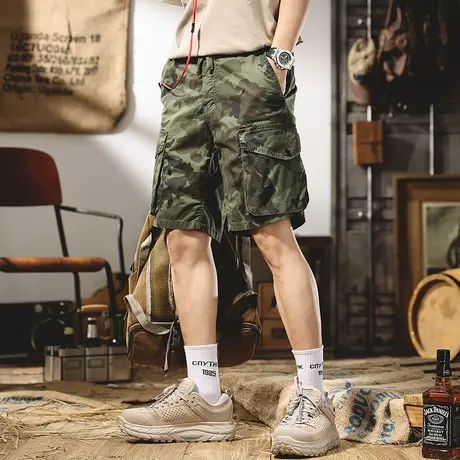 欧美高街军绿迷彩休闲工装短裤男士潮流百搭宽松直筒五分裤中裤潮图片