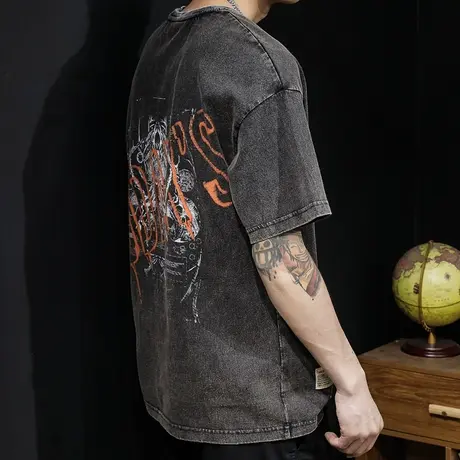 夏季美式复古短袖t恤男宽松2024新款潮牌加肥加大码半袖印花体恤商品大图