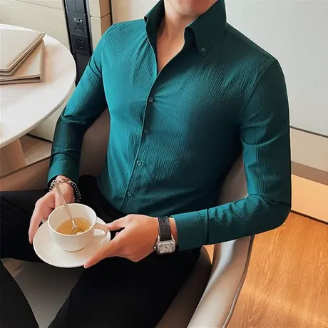 法式大V领衬衫男长袖秋冬新款褶皱波浪纹肌理感修身寸衣复古抗皱图片