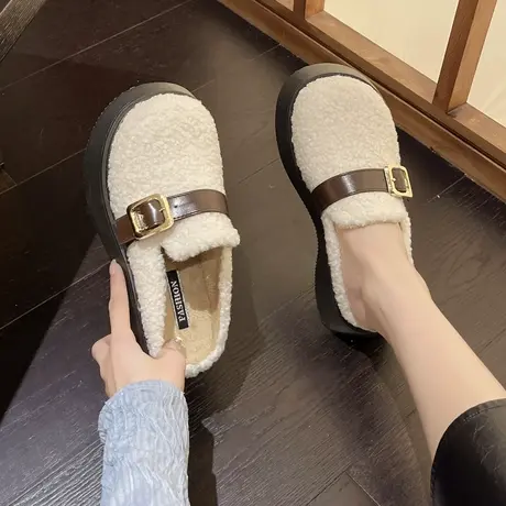 增高厚底包头半拖鞋女外穿冬季加绒女鞋2024新款羊羔毛棉拖毛毛鞋商品大图