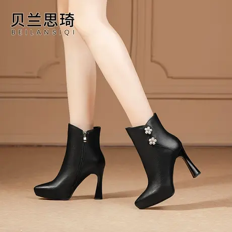 真皮水钻尖头粗跟短靴女2023秋冬季新款防水台高跟及踝靴骑士靴子图片