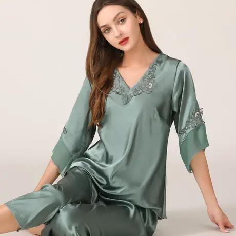 睡衣女春夏秋2023新款冰丝高级感休闲大码丝绸家居服真丝两件套装图片
