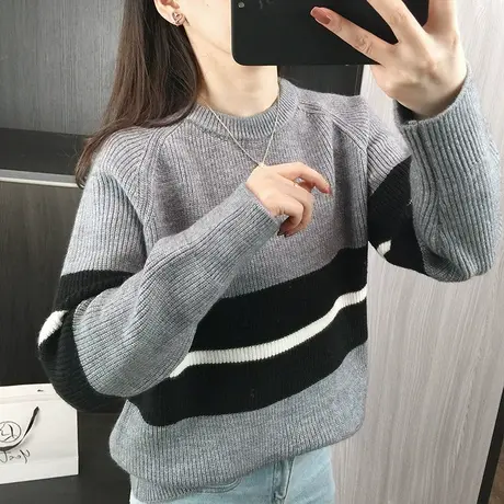 2023秋冬季新款宽松针织衫女士打底衫加厚圆领套头毛衣洋气上衣图片