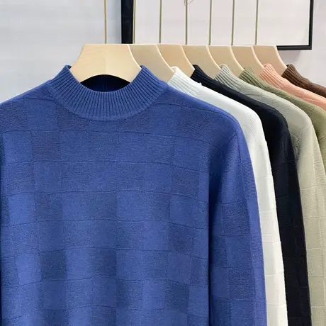 格纹肌理半高领毛衣男士秋冬季新款休闲加厚中领打底针织衫上衣商品大图