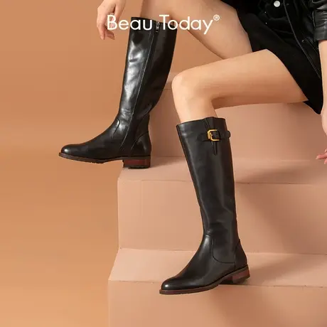BeauToday长筒靴秋季新款女BT英伦风骑士靴粗跟高筒靴真皮瘦瘦靴图片