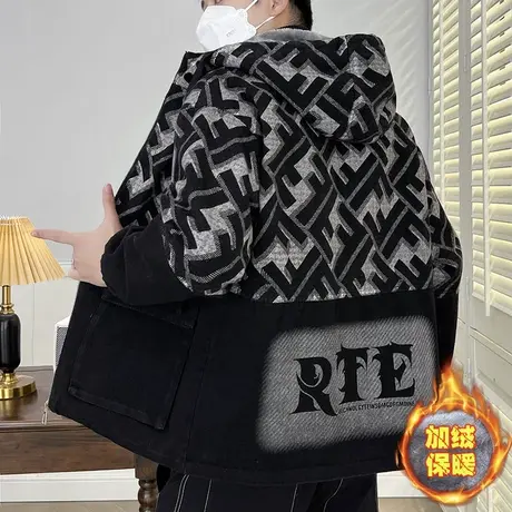 秋冬季加绒加厚牛仔衣外套男士宽松潮牌大码连帽夹克保暖冬装棉衣商品大图