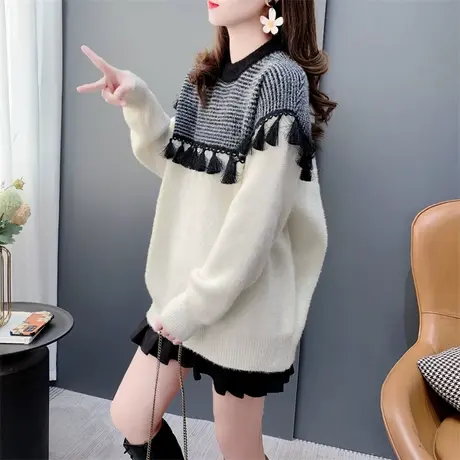 设计感撞色拼接流苏圆领毛衣女2023年秋冬新款韩版减龄内搭针织衫商品大图
