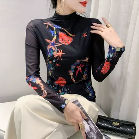 半高领打底衫女内搭2024秋冬新款复古印花上衣修身网纱长袖T恤潮商品大图