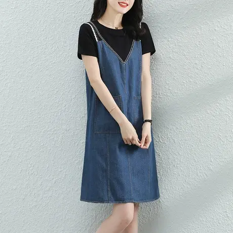 韩潮袭人假两件短袖休闲中长款裙子2022夏新款百搭牛仔连衣裙女薄图片