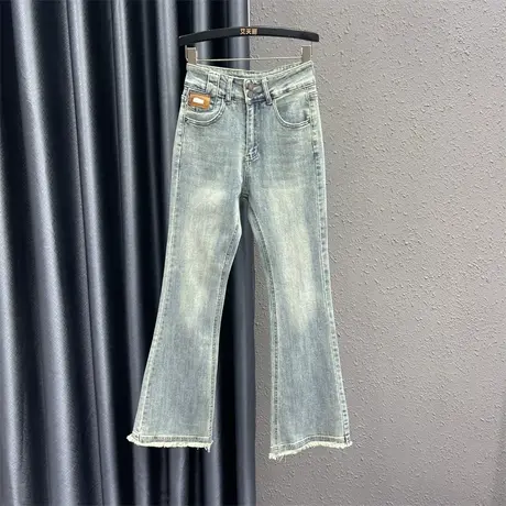 韩版个性贴布微喇裤女24春季新款高腰显瘦阔腿毛边喇叭拖地裤长裤图片