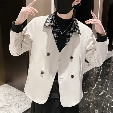 春季拼接夹克外套翻领修身潮流时尚休闲网红快手假两件潮牌小西装商品大图