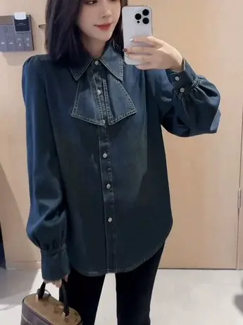 高级感蝴蝶结加绒复古蓝牛仔衬衫女2023冬季新款加厚衬衣上衣秋冬商品大图