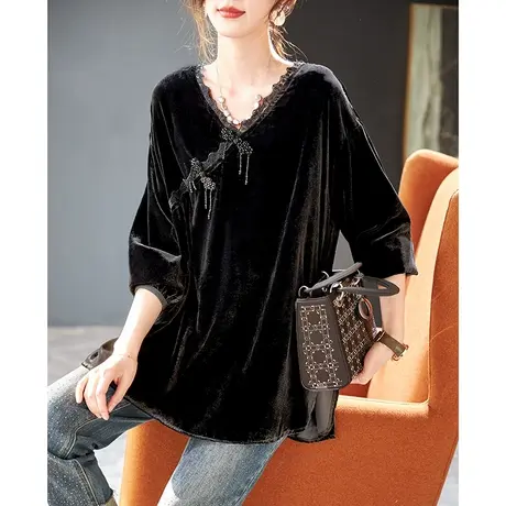 宝诗黎V领钉珠丝绒雪纺衫2024春季蕾丝拼接新款显瘦高级感上衣女图片