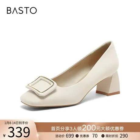 百思图2024春季新款时尚粗跟方头浅口单鞋通勤一脚蹬女鞋WA720AQ4商品大图