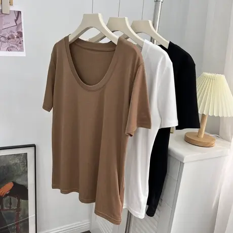 U领显瘦锁骨短袖t恤女夏季薄款基础百搭纯色大圆领宽松上衣体恤潮商品大图