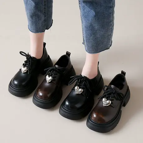 厚底黑色小皮鞋女英伦风2024新款春季女鞋子复古系带粗跟乐福单鞋商品大图
