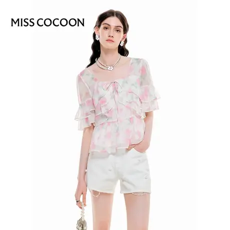 MISSCOCOON【花园度假】24春夏新款浪漫优雅荷叶边收腰显瘦雪纺衫商品大图