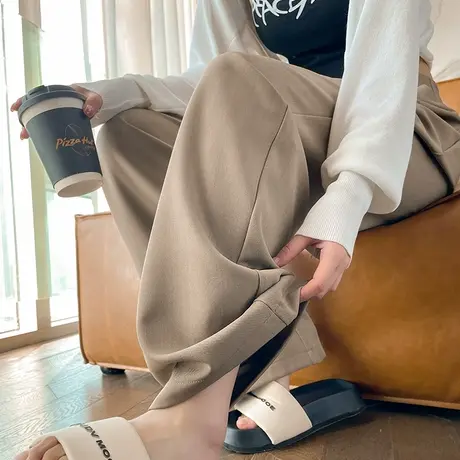 咖色窄版阔腿裤女春秋2024新款高腰显瘦垂感休闲直筒拖地西装裤子图片