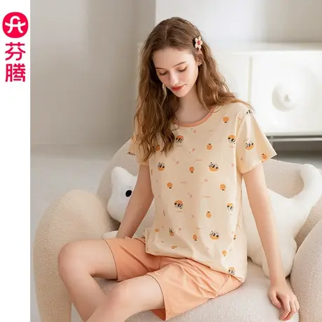 芬腾新款女士夏季短袖纯棉睡衣卡通可爱休闲宽松带胸垫家居服套装商品大图