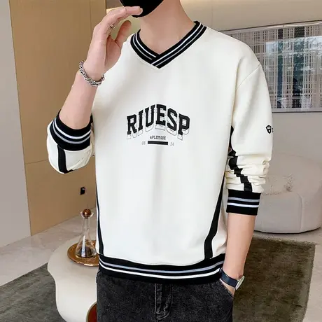 美式复古潮牌套头卫衣男春秋季V领帅气长袖T恤男生穿搭内穿打底衫商品大图