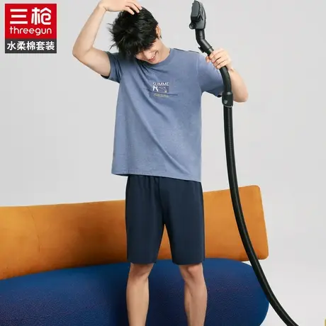 三枪男夏天水柔棉短袖短裤家居服套装棉质薄款宽松弹力可外穿睡衣商品大图