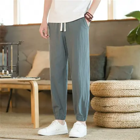 亚麻休闲裤子男装宽松束脚阔腿九分裤夏季薄款棉麻裤中国风哈伦裤商品大图
