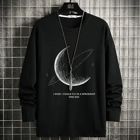 长袖T恤男春秋季潮牌印花上衣服黑色打底衫宽松青少年圆领卫衣男商品大图