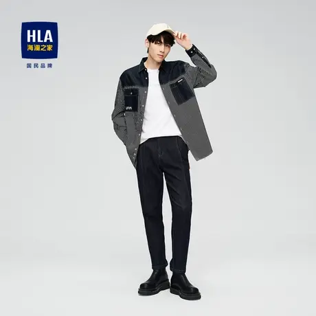 HLA/海澜之家2023撞色条纹长袖衬衫休闲宽松拼接字母印花翻领衬衣图片