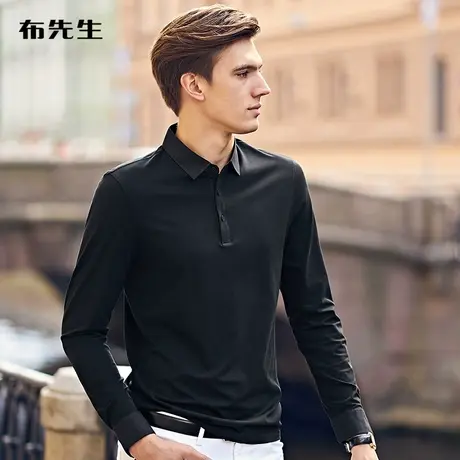 MrBu布先生长袖T恤男春秋款翻领商务休闲上班黑色上衣男装 BT3792图片