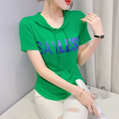 网红连帽短袖T恤女2023夏装新款别致洋气上衣设计感小众丅恤小衫图片
