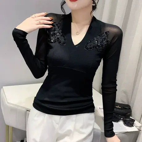 时尚网纱绣花长袖T恤女士2023春秋新款性感V领打底衫内搭紧身上衣商品大图
