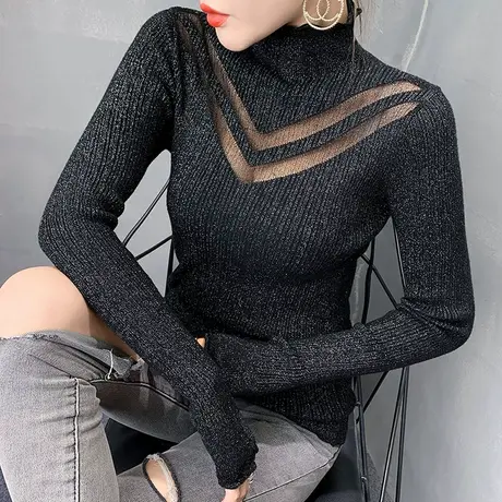 性感镂空针织衫女秋冬欧货洋气半高领毛衣套头网纱拼接紧身打底衫图片