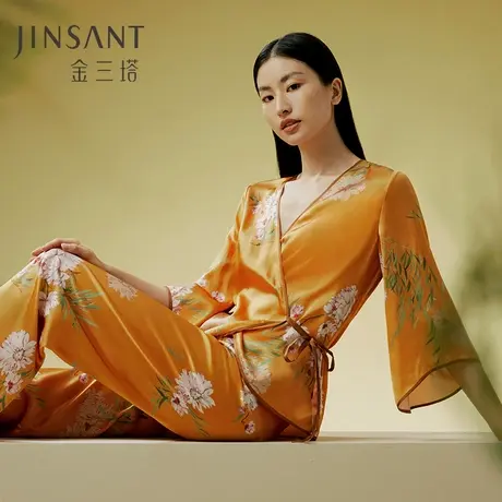 诗意芍药】100%桑蚕丝中式水袖真丝印花优雅衣裤套睡衣金三塔新品图片