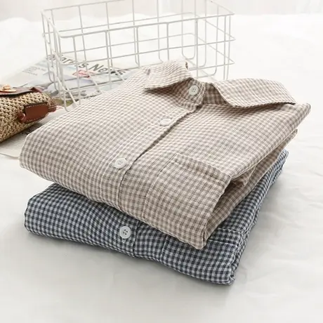 双层棉纱小格子衬衫女2022年秋新款文艺纯棉长袖宽松复古打底上衣图片